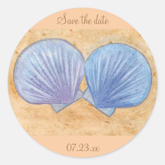 Blue Lila Seashells Wedding Rette Date Stickers (Vorderseite)