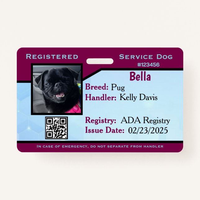 Blue/Lila Service-Hund-ID-Abzeichen Ausweis (Vorderseite)