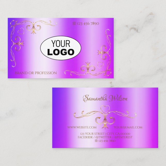 Blue Lila Shimmering Gold Verzierte Ecken mit Logo Visitenkarte (Vorne/Hinten)
