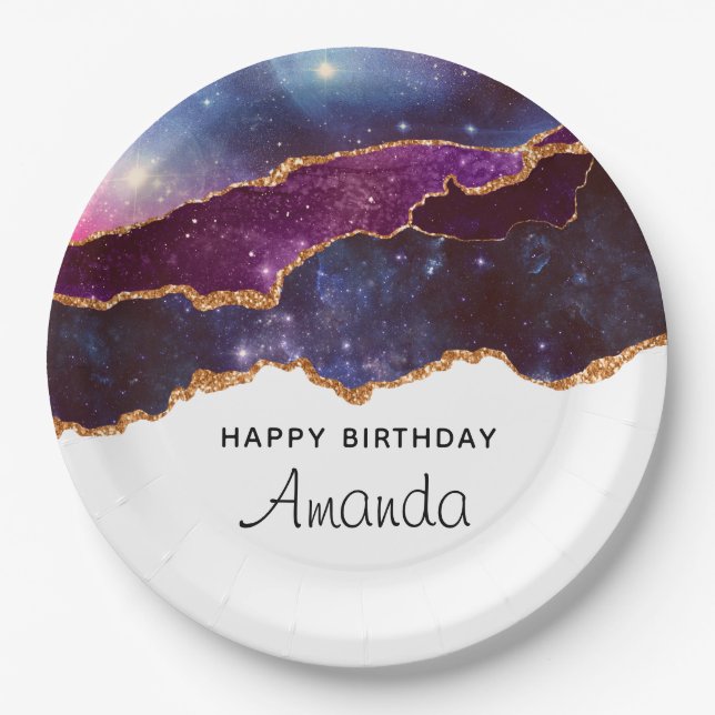 Blue & Lila Space & Stars Modern Agate Geburtstag Pappteller (Vorderseite)