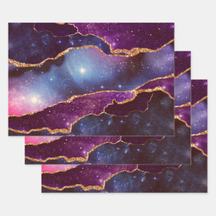 Blue & Lila Space & Stars Modern Agate Geschenkpapier Set