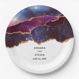Blue & Lila Space & Stars Moderne Agate Wedding Pappteller