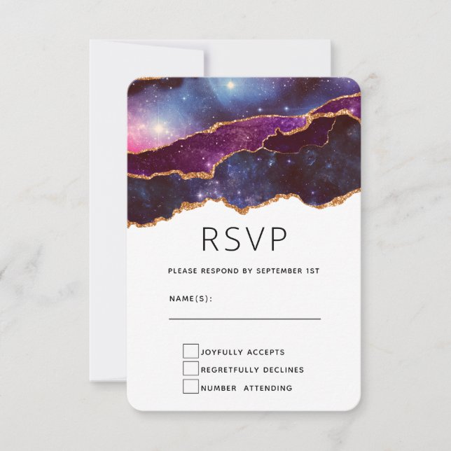 Blue & Lila Space & Stars Moderne Agate Wedding RSVP Karte (Vorderseite)