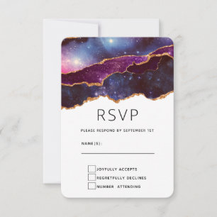 Blue & Lila Space & Stars Moderne Agate Wedding RSVP Karte