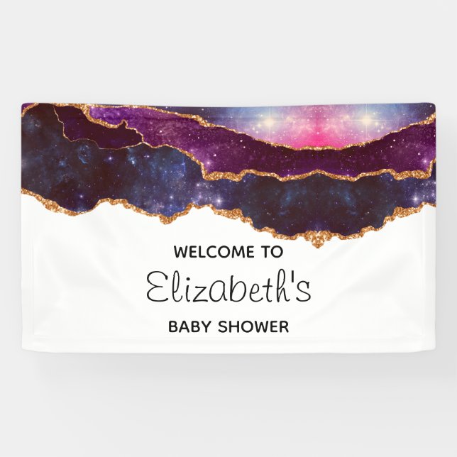 Blue & Lila Space & Stars Moderne Babydusche Banner (Horizontal)