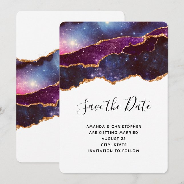 Blue & Lila Space & Stars Wedding Save The Date (Vorne/Hinten)