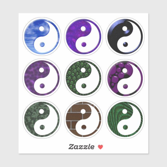 Blue Lila Textured Yin Yang Symbol Set 9 Aufkleber (Blatt)