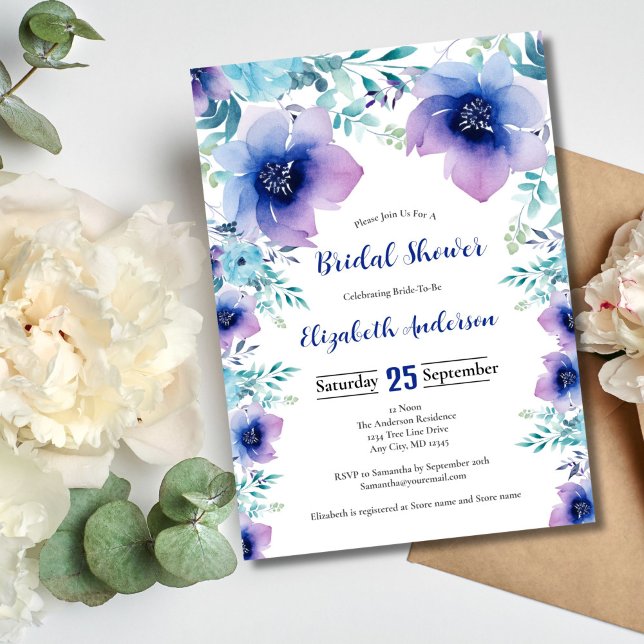 Blue Lila Watercolor Florals Brautparty Einladung (Blue Purple Watercolor Floral Bridal Shower invitation)