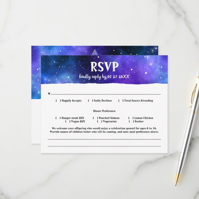 Blue Lila Watercolor Galaxy Bat Bar Mitzvah RSVP Karte (Vorderseite/Rückseite Beispiel)