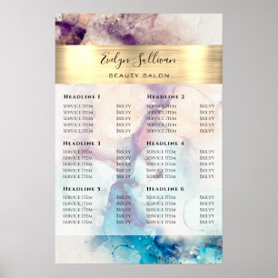 Blue Lila Watercolor Gold Foil Preisliste Plakat