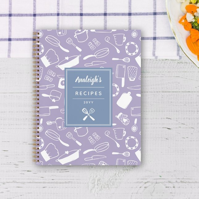 Blue Lila White Hand Drawing Kitchenware Rezepte Notizbuch (Von Creator hochgeladen)