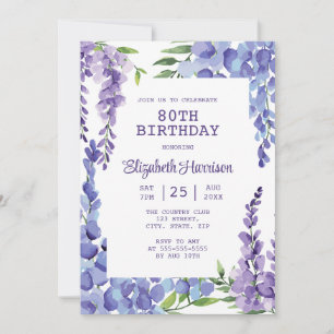 Blue Lila Wisteria Floral 80. Geburtstag Einladung