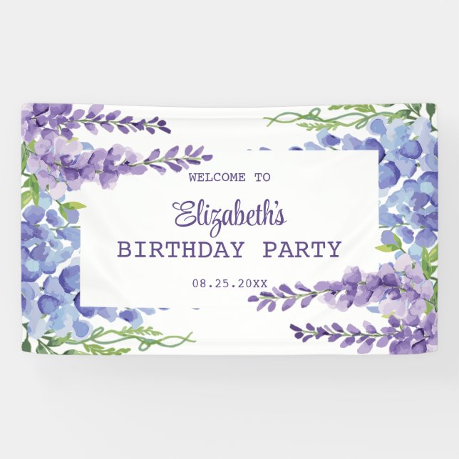 Blue Lila Wisteria Floral Greenery Geburtstag Banner (Horizontal)