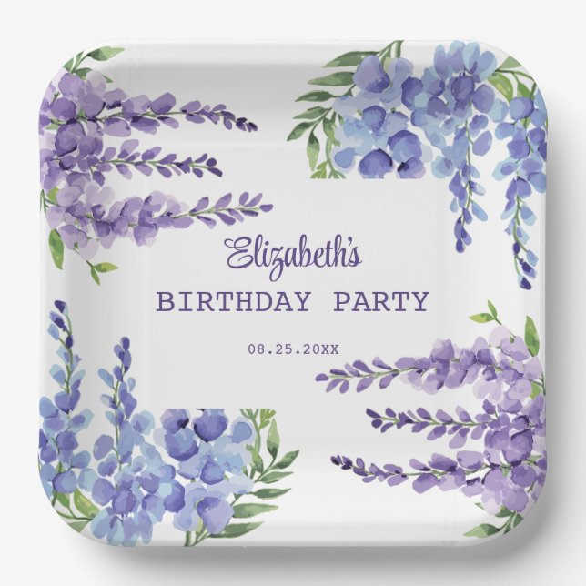 Blue Lila Wisteria Floral Greenery Geburtstag Pappteller (Vorderseite)
