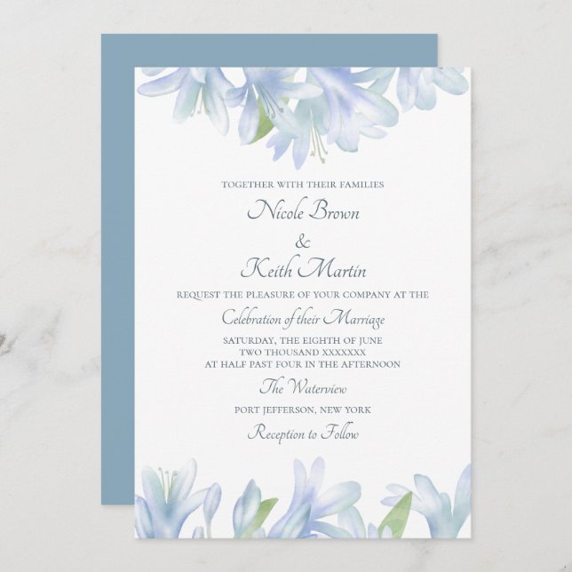 Blue Lilies Watercolor Wedding Einladung (Vorne/Hinten)