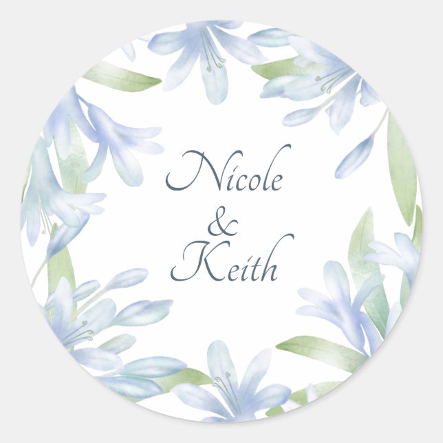 Blue Lilies Watercolor Wedding Runder Aufkleber (Vorderseite)