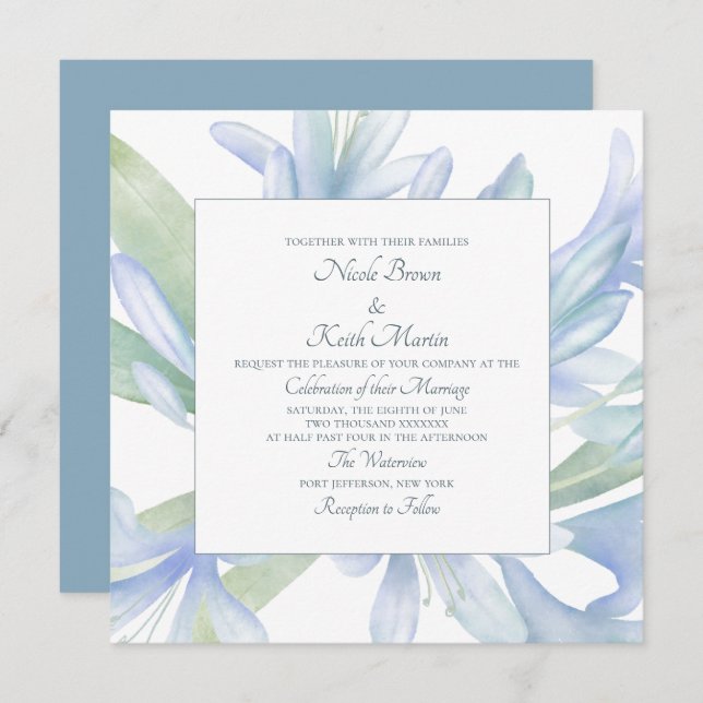 Blue Lilies Watercolor Wedding Square Einladung (Vorne/Hinten)