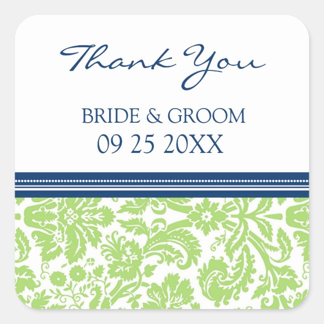 Blue Limon Damask Vielen Dank Gastgeschenk Hochzei Quadratischer Aufkleber (Vorderseite)