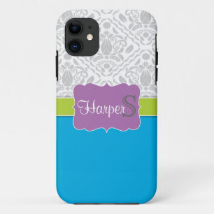 Blue Limonen Lila mit Monogramm Damask iPhone 5 Ge 11 Hülle