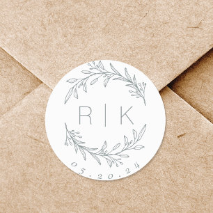 Blue Line Art Botanical Wreath Wedding Monogram Runder Aufkleber