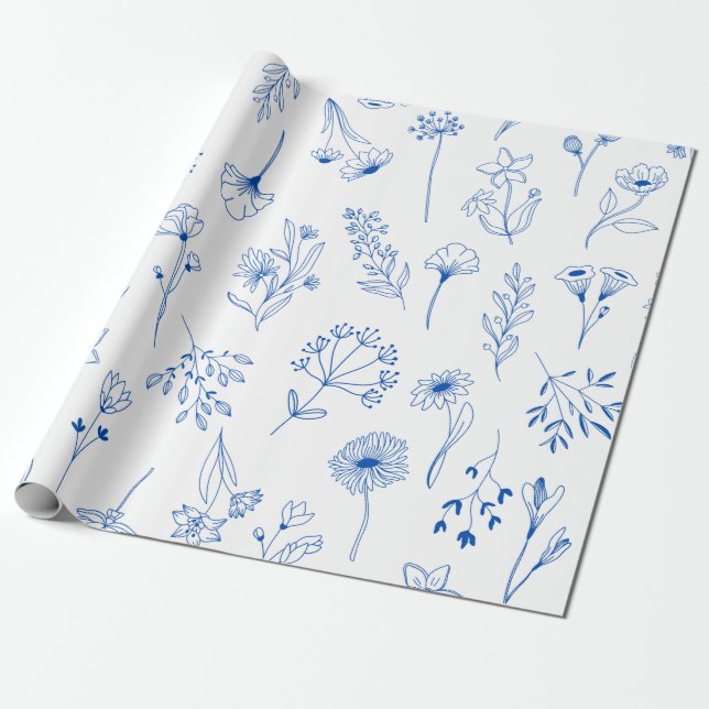 Blue Line Art Mixed Garden Sketch Blume Geschenkpapier (Ungerollt)