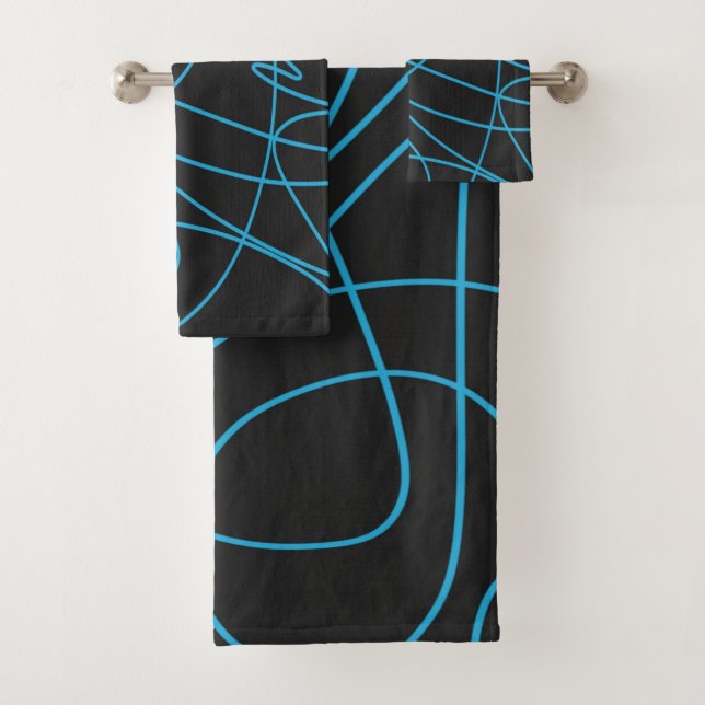 Blue Line Art on Black Badhandtuch Set (Insitu)