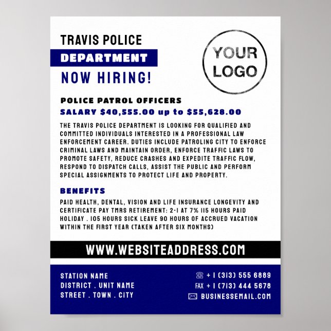 Blue Line & Logo, Polizeibeamter, Rekrutierung von Poster (Vorne)