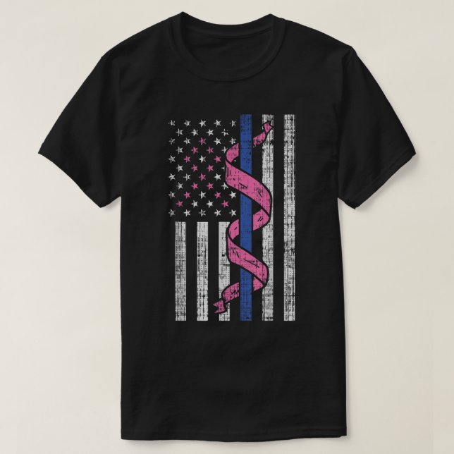 Blue Line Police US Flag Rosa Ribbon Brustkrebs T-Shirt (Design vorne)
