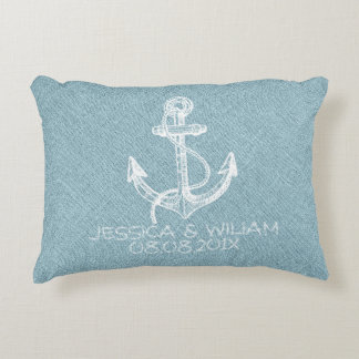 Blue Linen Print & White Boat Anchor Zierkissen