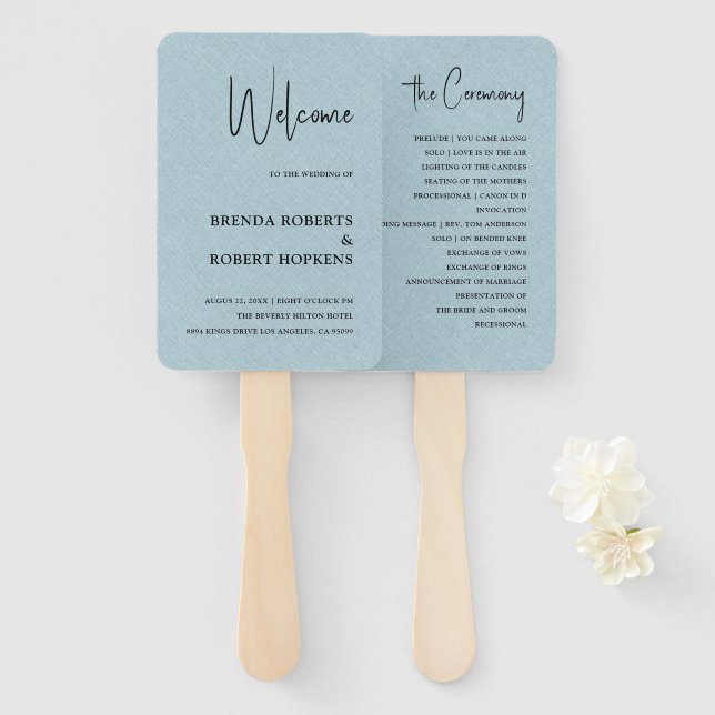 Blue Linen Simple Black Script Wedding Hand Fan Fächer (Vorne und Hinten)