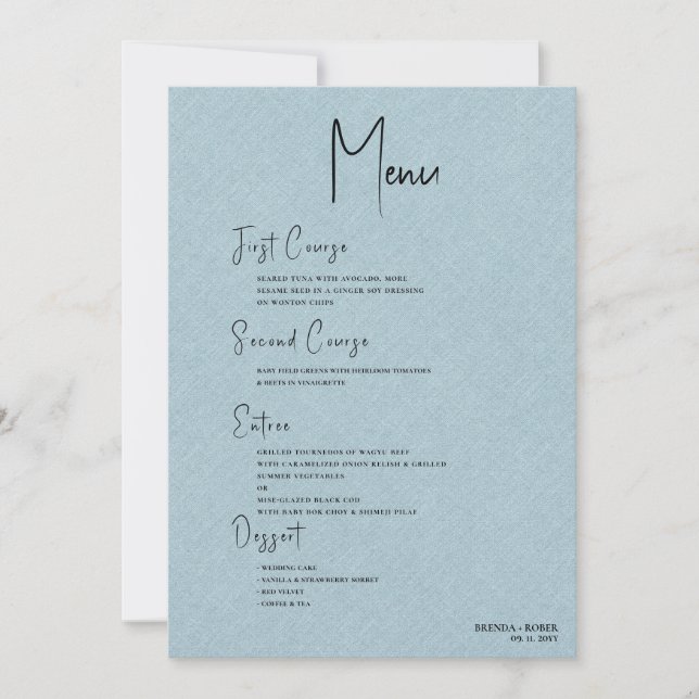 Blue linen Simple Black Script Wedding Menu Einladung (Vorderseite)