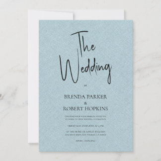 Blue linen Simple Black Script Wedite Einladung