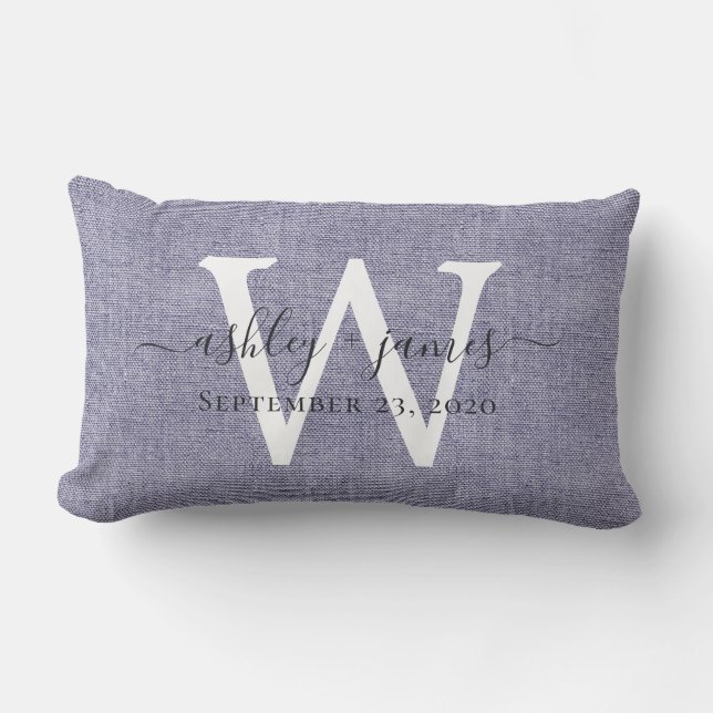 Blue Linen White Monogram Wedding Keepake Lendenkissen (Vorderseite)