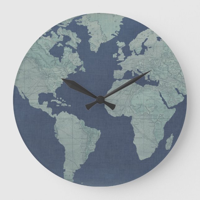 Blue Linen World Map Große Wanduhr (Vorderseite)