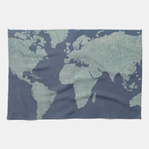 Blue Linen World Map Küchentuch