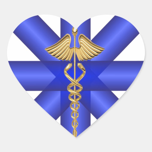 Blue Lines / Gold Caduceus EMT Symbol Herz-Aufkleber (Vorderseite)