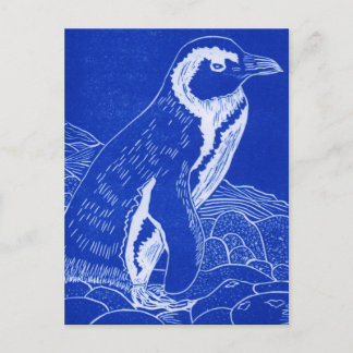 Blue Linocut Penguin Postkarte