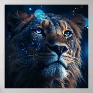 Blue Lion Face Art Lighting Lion Poster