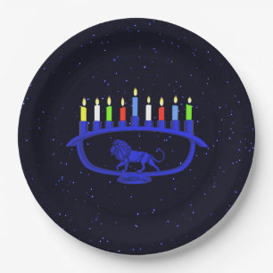 Blue Lion Menorah Pappteller