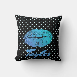 Blue Lips Kiss Black und Blue polka dot pattern Kissen