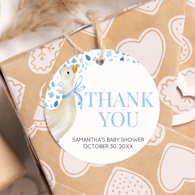 Blue Little Albern Goose Baby Dusche Runde Geschenkanhänger (Blue Little Silly Goose Baby Shower Round Favor Tags)