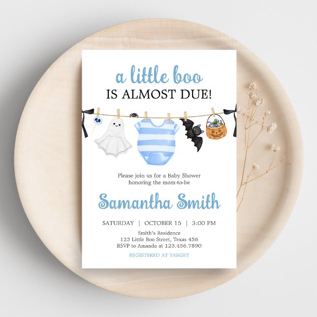 Blue Little Boo Baby Dusche Einladung (Boy Little Boo Halloween Clothesline Baby Shower Invitation)