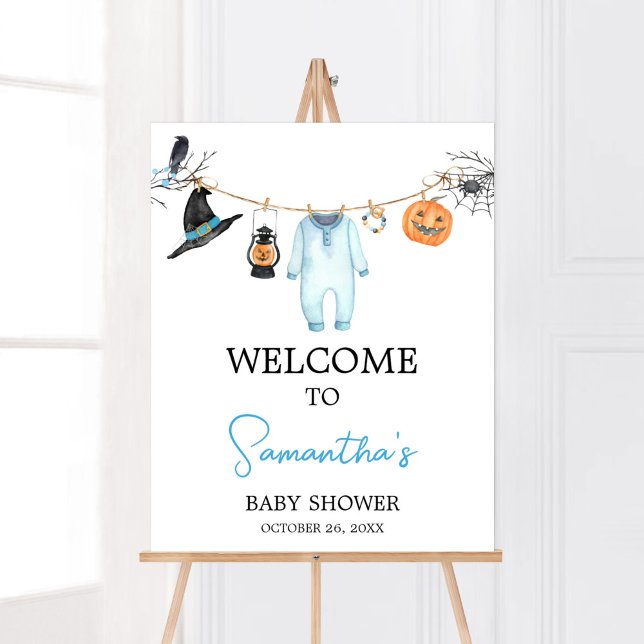 Blue Little Boo Halloween Baby Dusche Empfang Poster (Halloween Baby Clothes Baby Shower Welcome Sign)