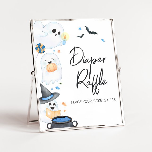 Blue Little Boo Halloween Diaper Raffle Poster (Blue Little Boo Baby Shower Diaper Raffle Sign)
