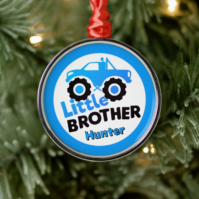 Blue Little Brother Monster Truck Custom Name Ornament Aus Metall (Baum)