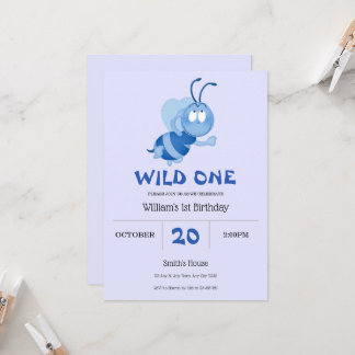 Blue Little Bumblebee 1st Birthday Invitation Einladung