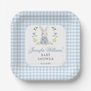 Blue Little Bunny Boy Gingham Boho Baby Shower Pappteller