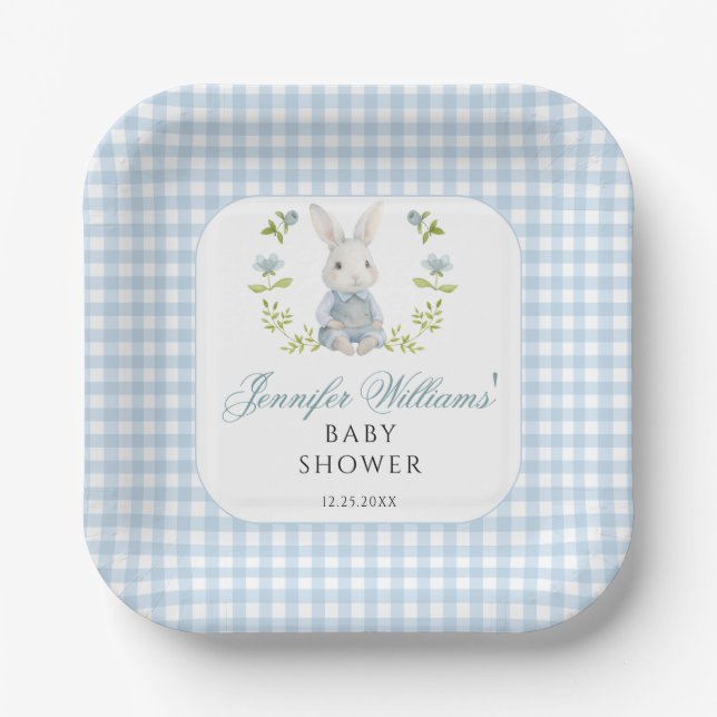 Blue Little Bunny Boy Gingham Boho Baby Shower Pappteller (Vorderseite)