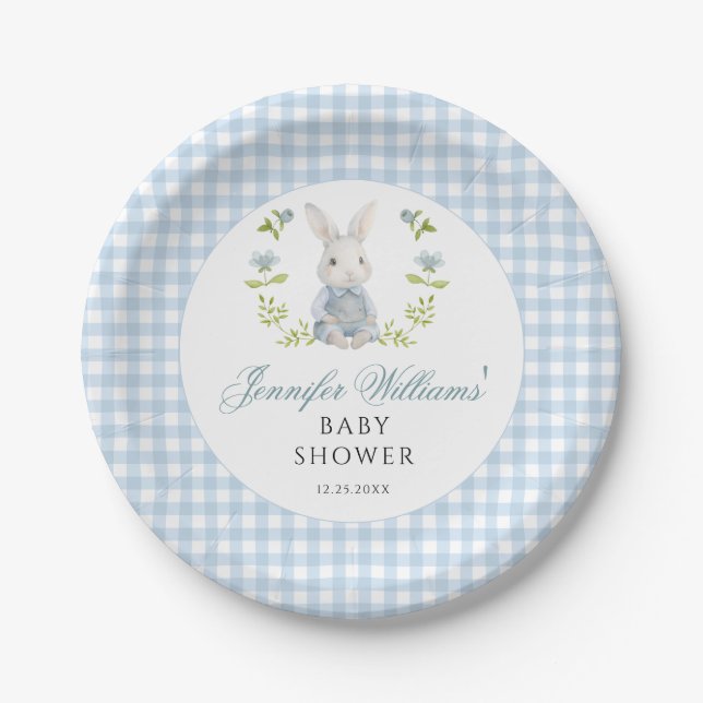 Blue Little Bunny Gingham Spring Baby Boy Dusche Pappteller (Vorderseite)