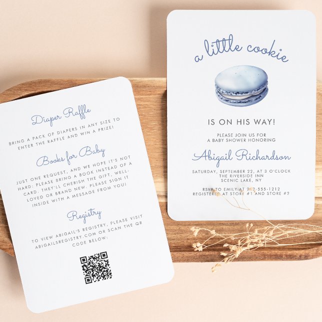 Blue Little Cookie Macaron QR Code Boy Baby Shower Einladung (Von Creator hochgeladen)